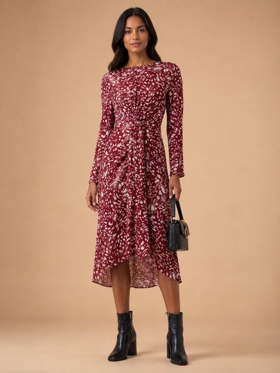 Maje Dresses & Skirts - Maje Rivole Abstract Print Twist Front Midi Dress Burgundy White Long Sleeve